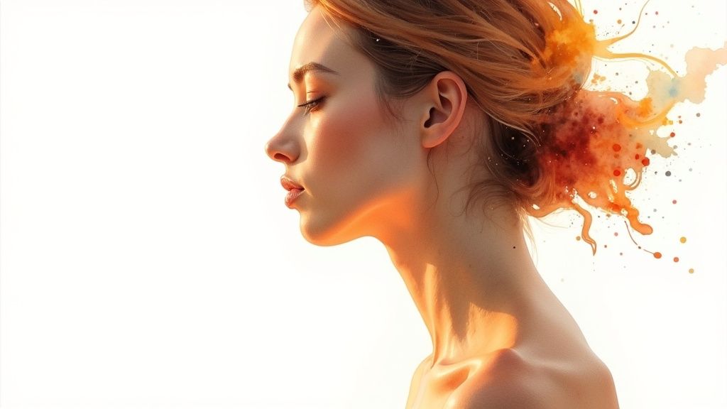 A skincare professional examining a client's face before a microneedling treatment.