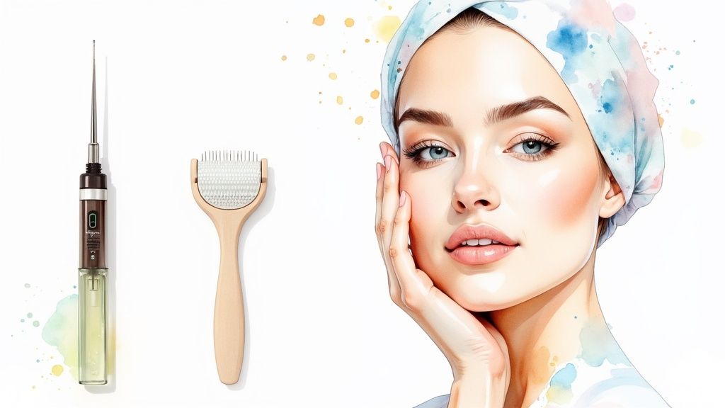 A professional microneedling device next to an at-home dermaroller on a clean surface