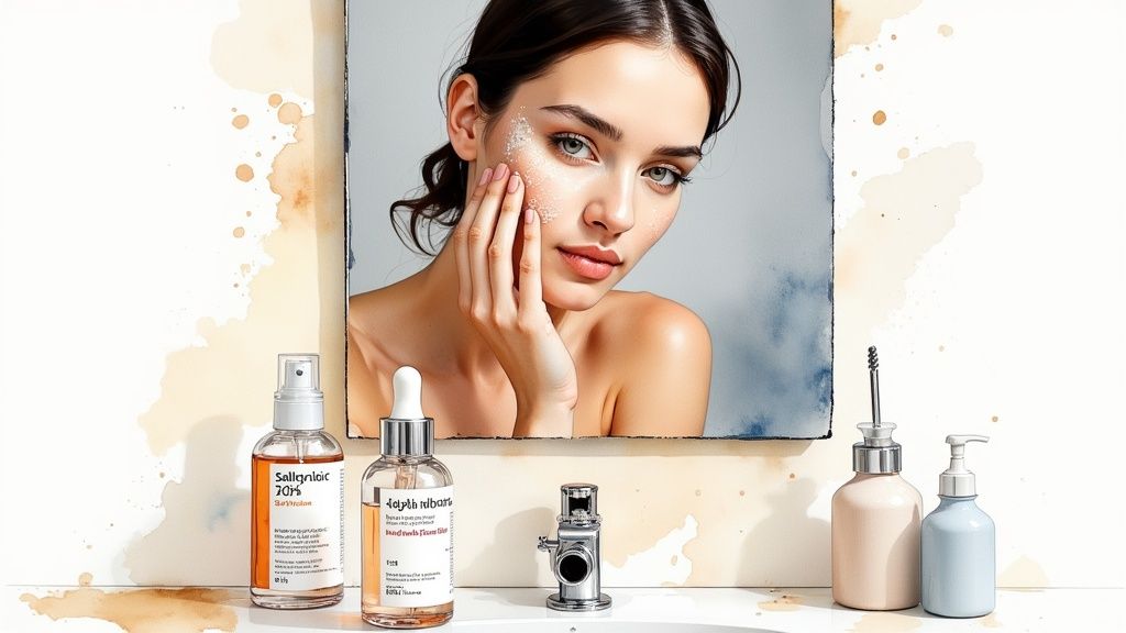 A person's hands holding a bottle of salicylic acid serum, ready to apply it.