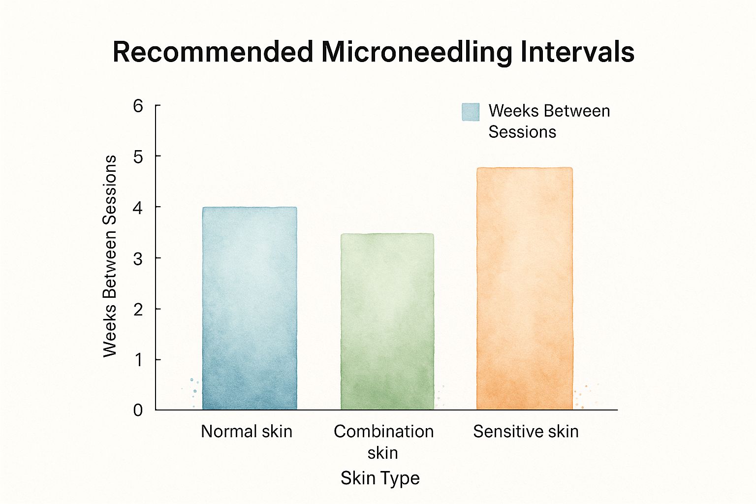 Infographic showing recommended microneedling intervals for Normal skin (4 weeks), Combination skin (3 weeks), and Sensitive skin (6 weeks).