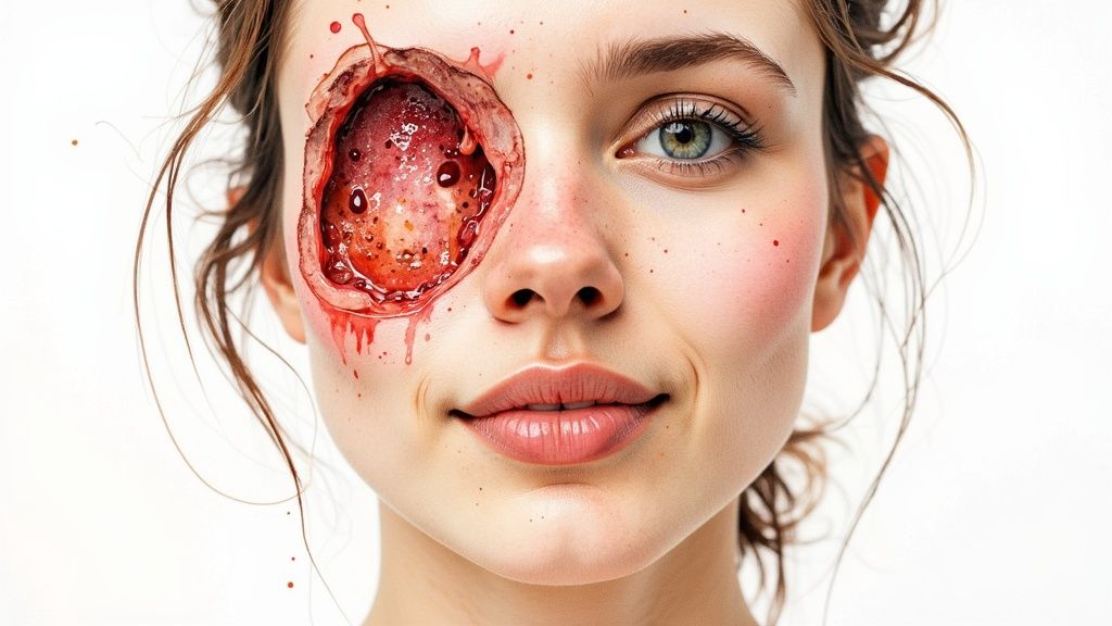 A woman's face with a magnifying glass focused on the cheek, showing the texture of pores