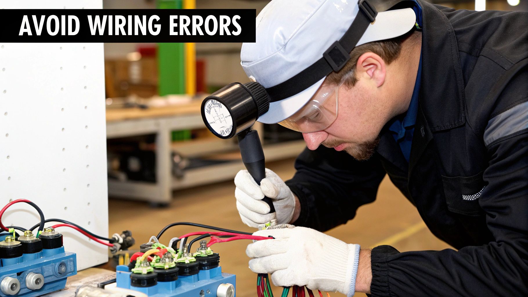 A person inspecting an industrial control panel with numerous wires and components, representing complex system configurations.
