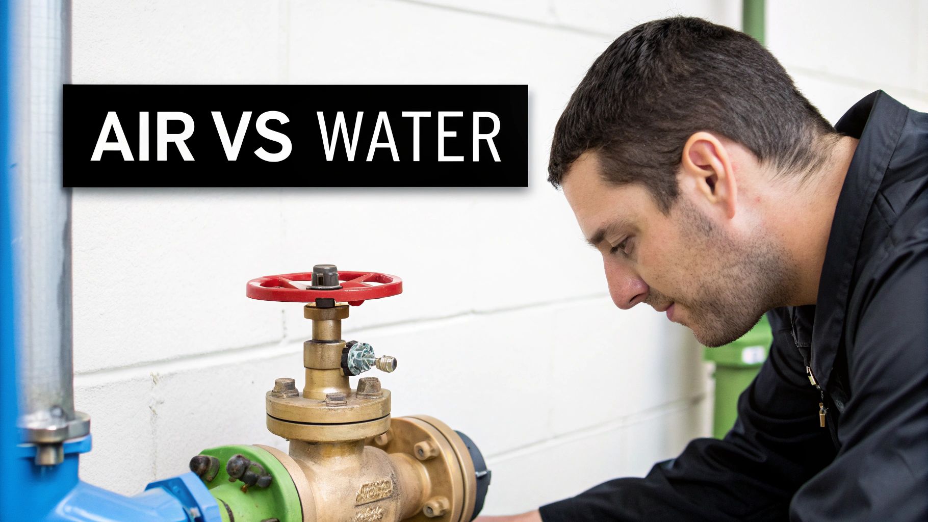 A maintenance engineer inspecting a pressure reducing valve in an industrial setting.