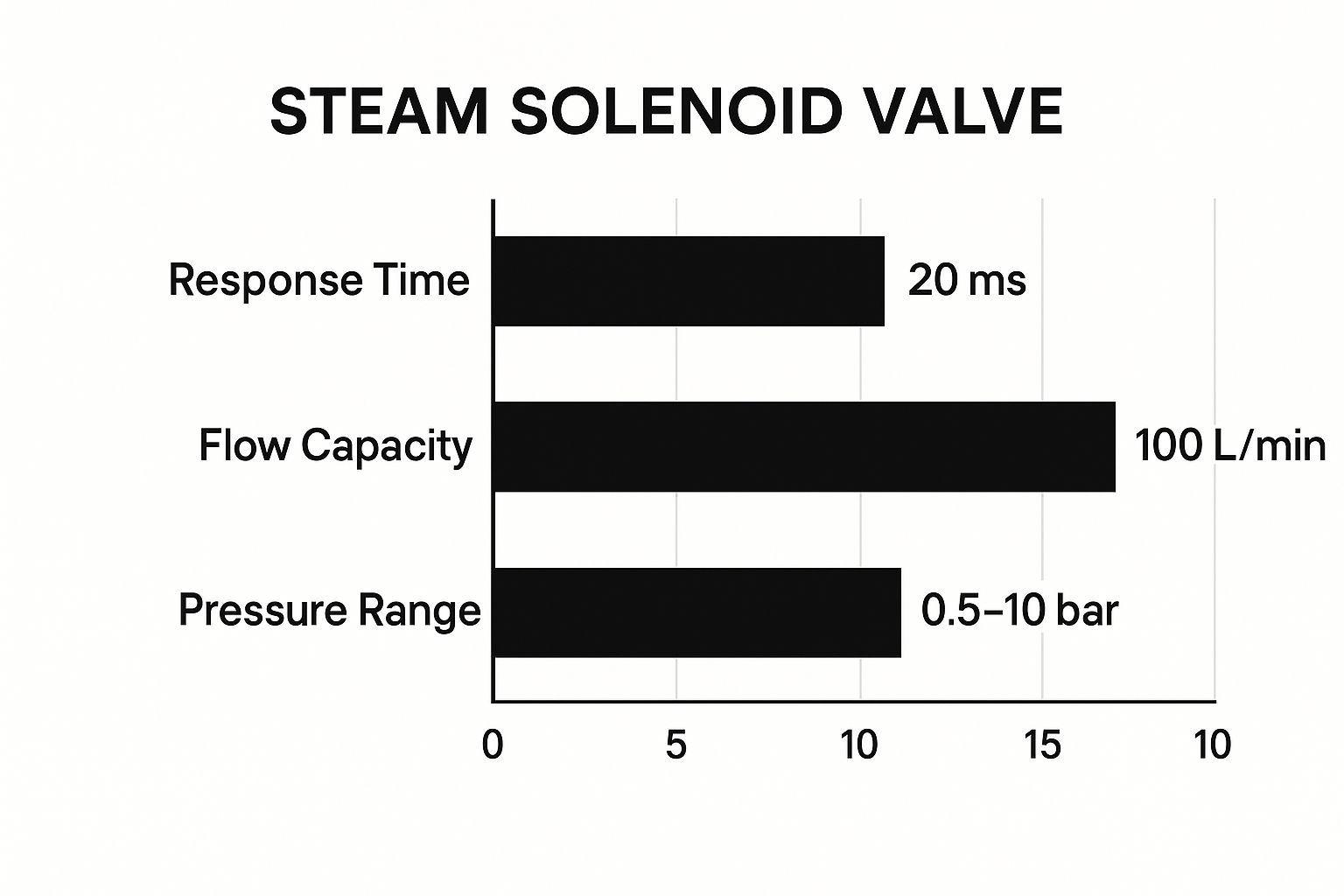 Infographic comparing Response Time, Flow Capacity, and Pressure Range of a steam solenoid valve