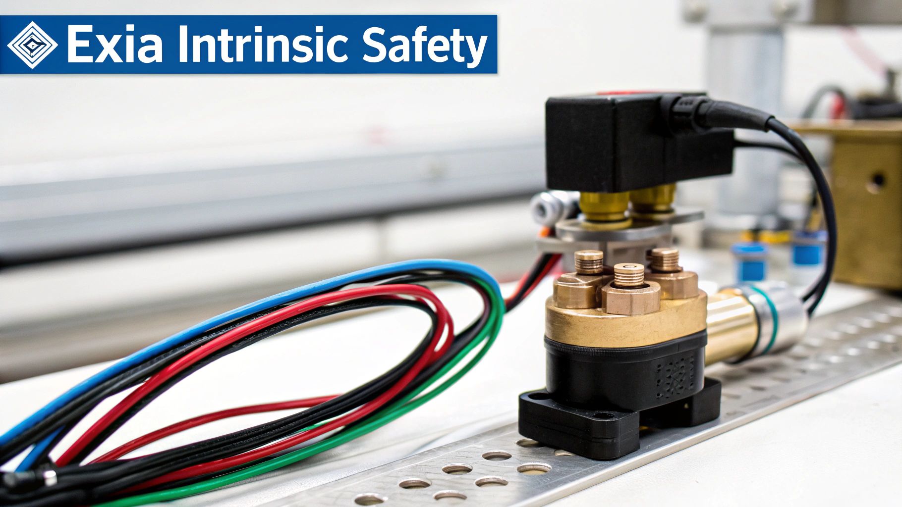 A robust ATEX solenoid valve with an Exd flameproof enclosure installed in an industrial processing facility.