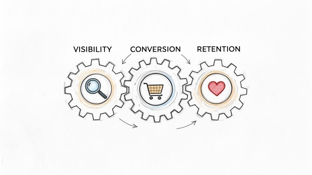 Three interconnected gears illustrating the business growth cycle: visibility, conversion, and retention.