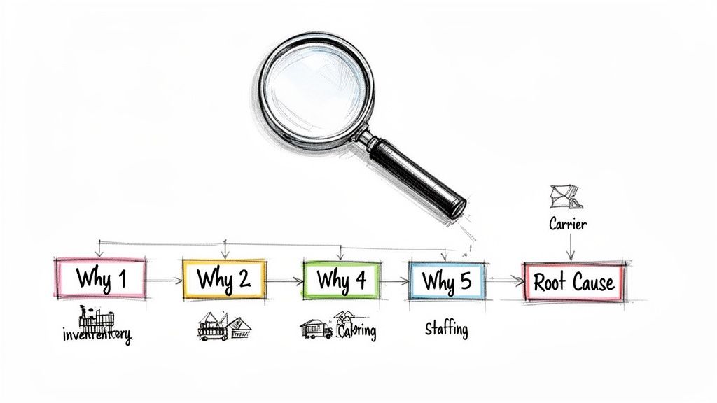 Magnifying glass over a “5 Whys” diagram for root cause analysis in business.