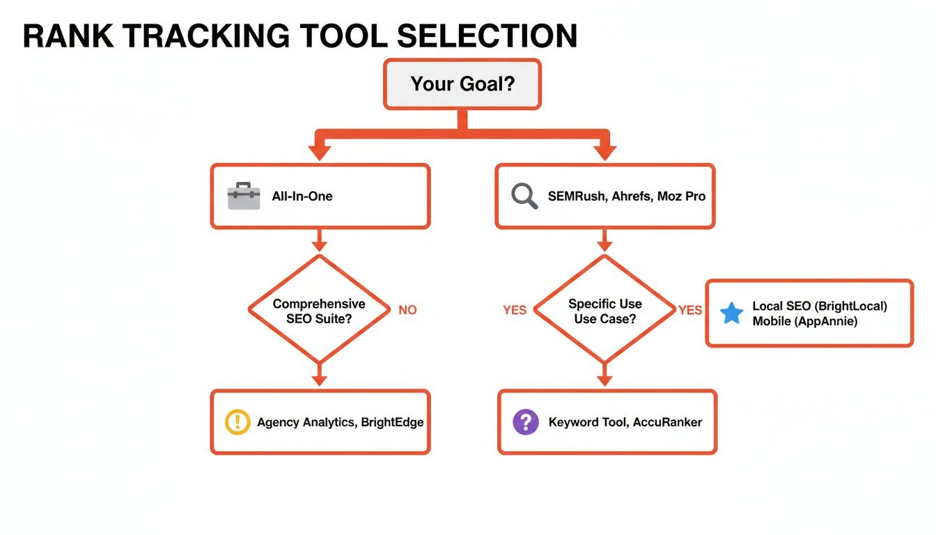 Decision tree for selecting the best rank tracking tool based on your SEO goals.