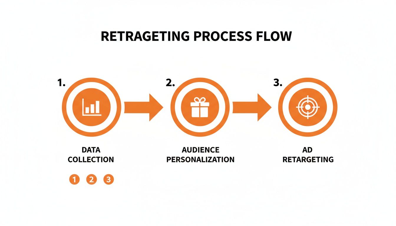 A three-step retargeting process flow: data collection, audience personalization, and ad retargeting.