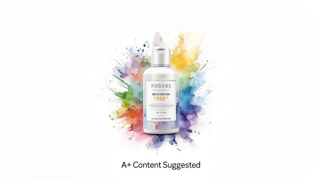 White product bottle centered on a vibrant watercolor paint splash against a clean background.