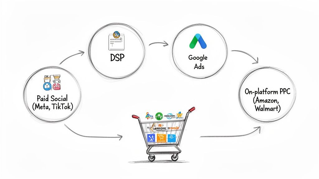 A multi-channel digital advertising strategy flow: paid social, DSP, Google Ads, and PPC lead to a shopping cart.