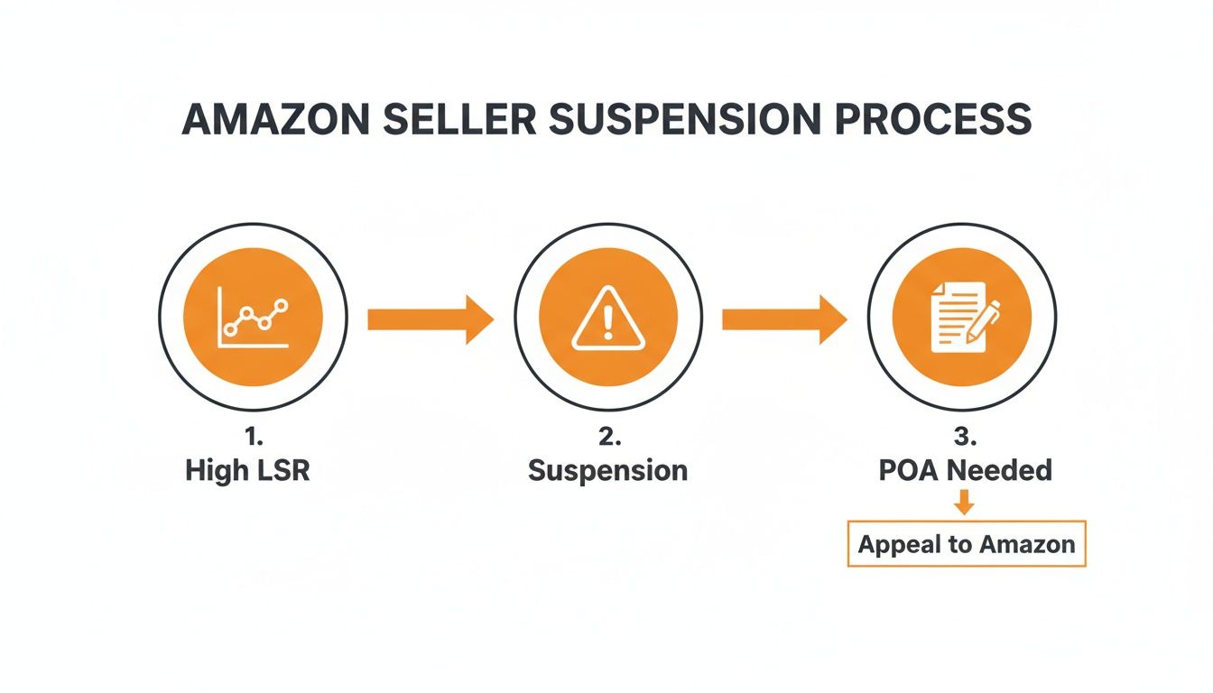 Flowchart illustrating the Amazon seller suspension process, from high LSR to suspension and POA appeal.