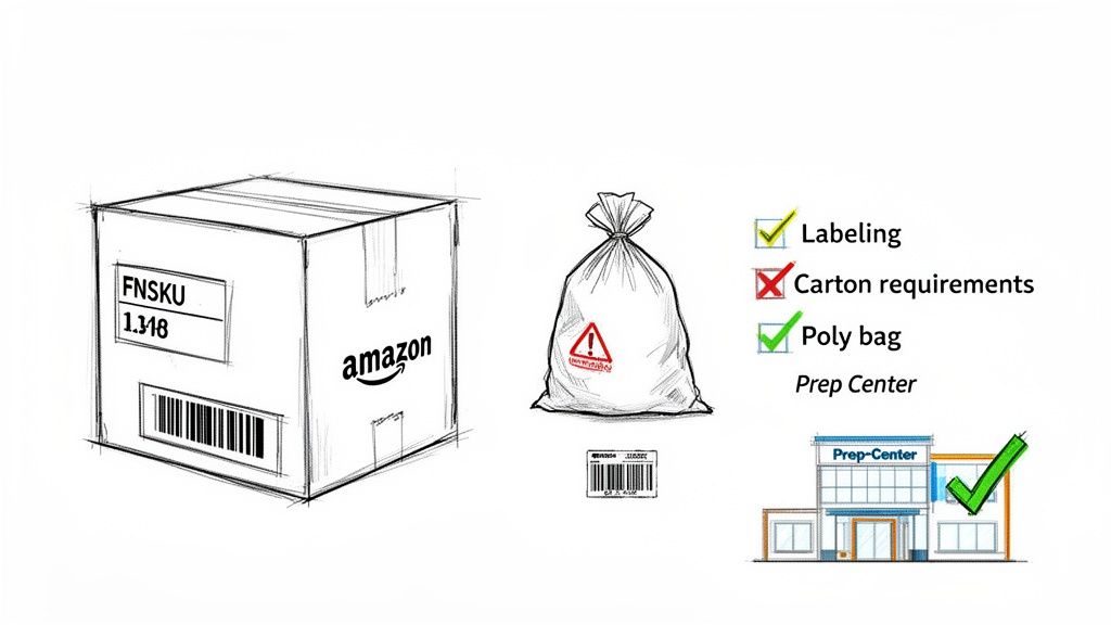 Illustration depicting Amazon FBA preparation steps, including labeling, poly bags, and a prep center.