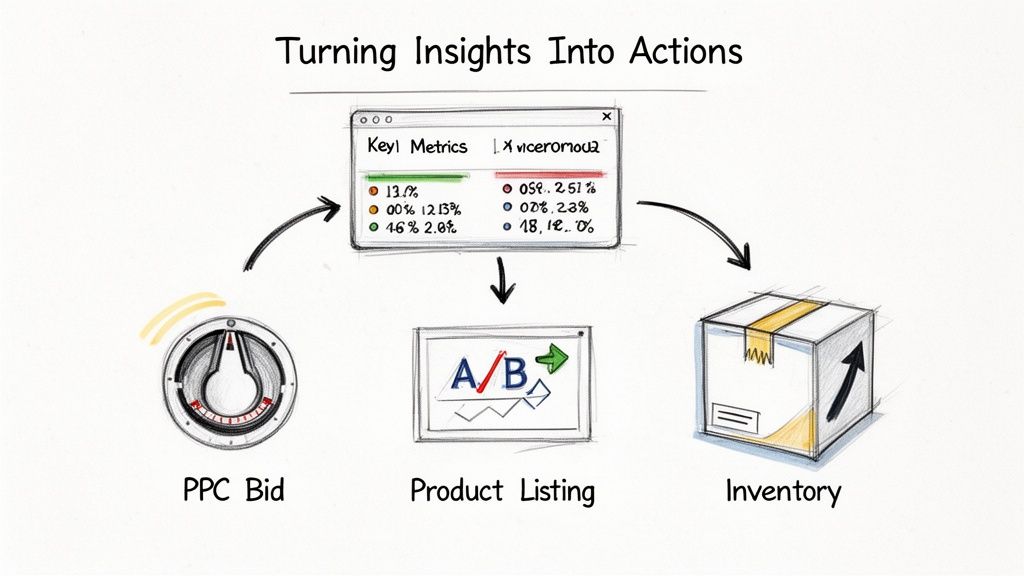A diagram illustrating how key metrics insights lead to actions for PPC bids, product listings, and inventory.