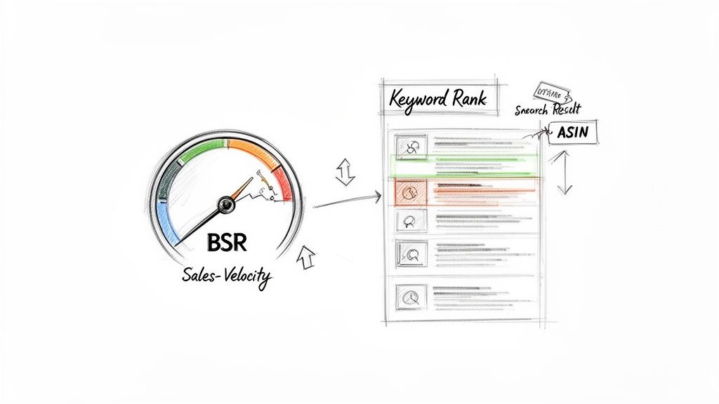 Illustration linking Amazon's BSR and sales velocity to product keyword ranking and ASIN search results.