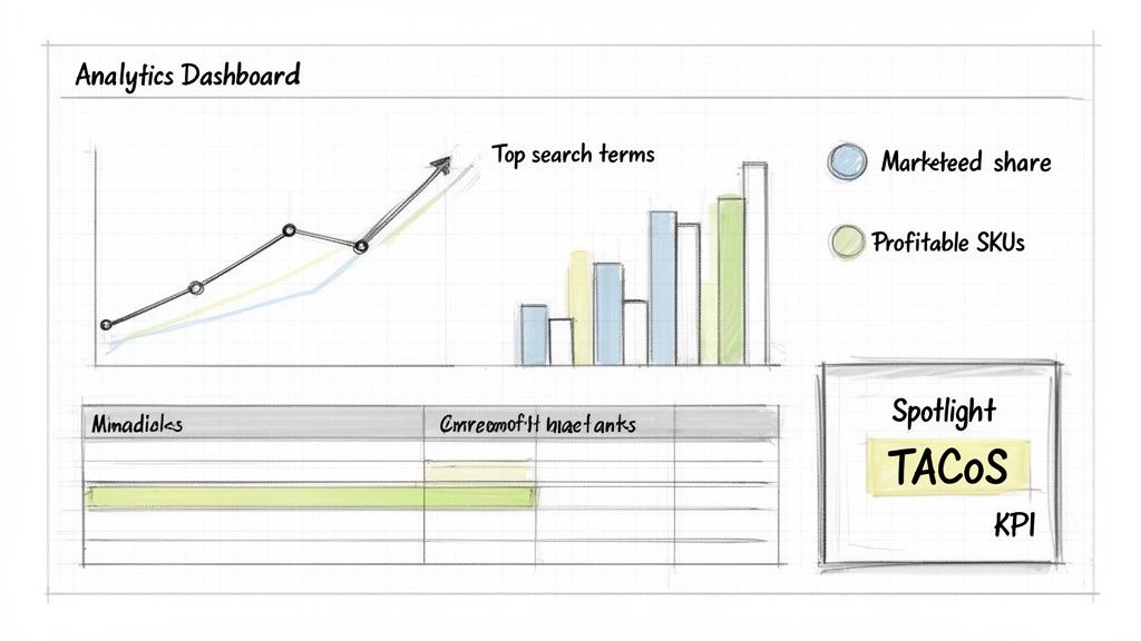 A hand-drawn analytics dashboard displaying trends, top search terms, and key performance indicators like TACoS.