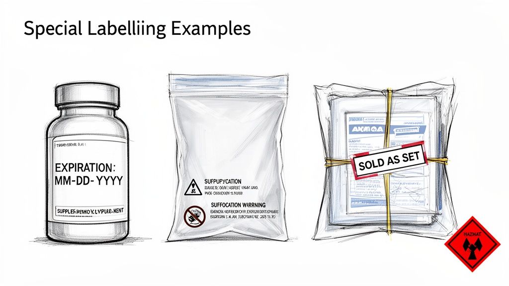 Examples of special labels for products, including expiration, suffocation warning, sold as set, and a HAZMAT symbol.