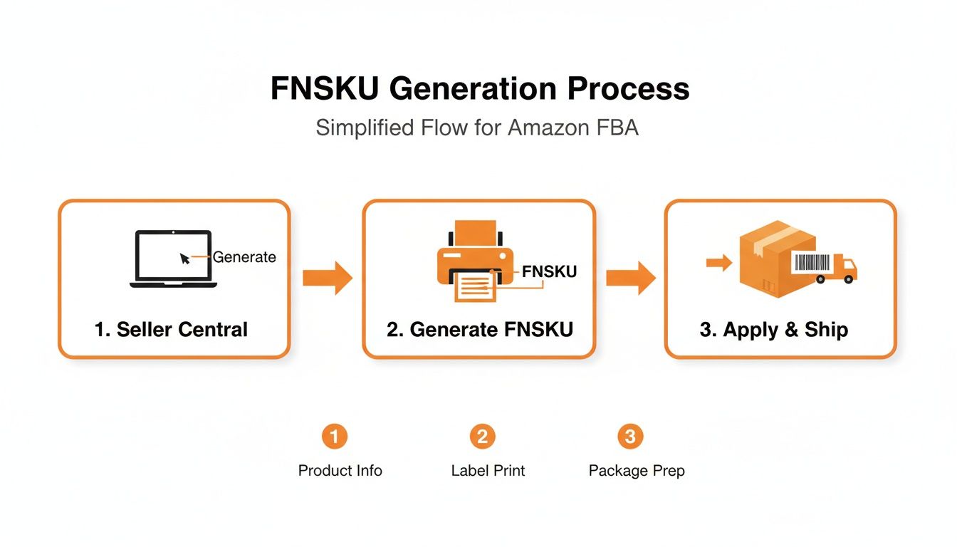 Amazon FBA FNSKU generation process: Seller Central, FNSKU printing, and package shipping.