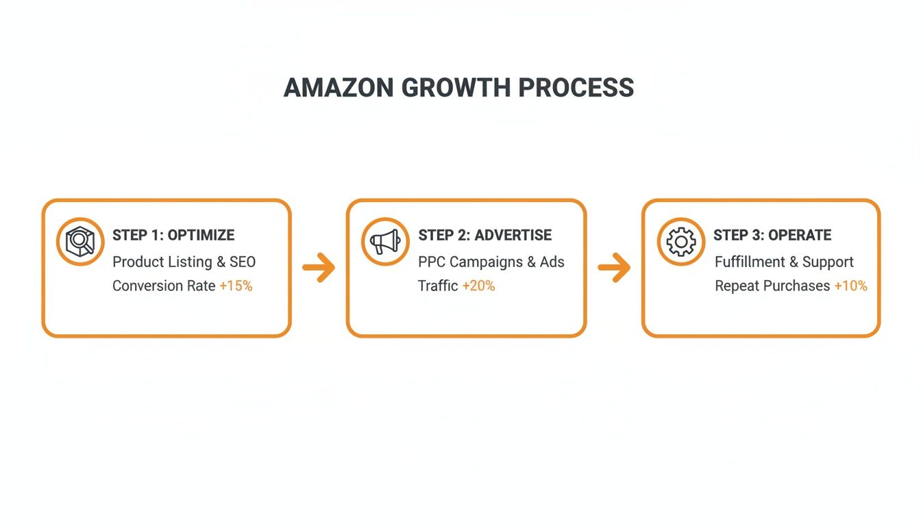 Diagram showing a 3-step Amazon growth process: Optimize, Advertise, Operate, with associated metrics.