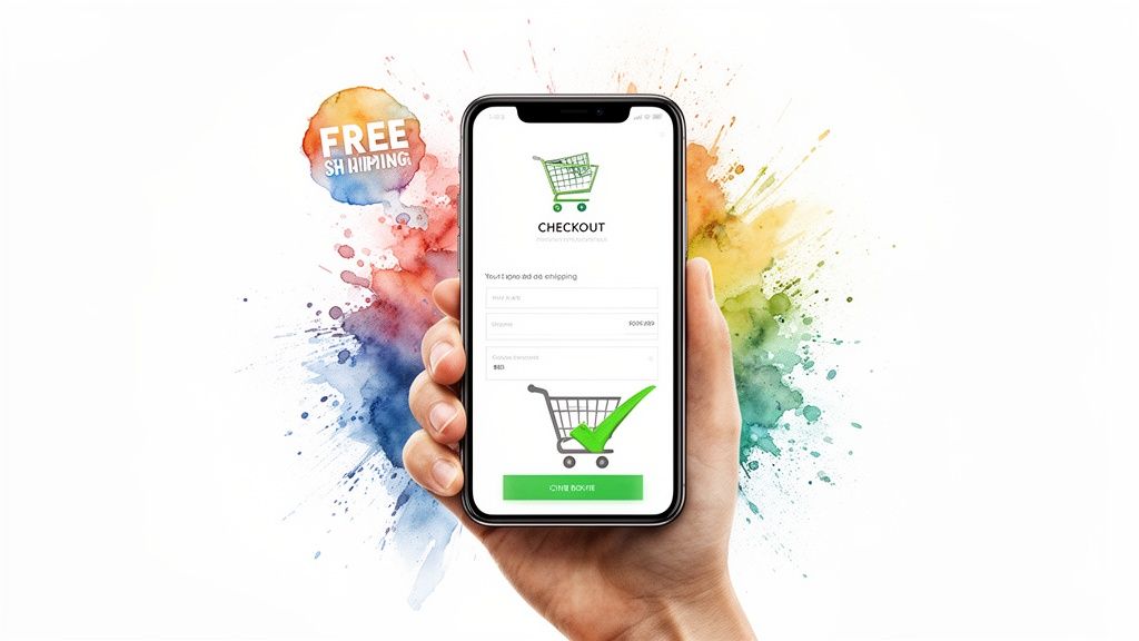 A hand holds a smartphone displaying an online checkout screen with shopping carts and free shipping.