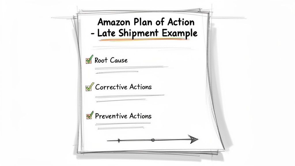 A document titled 'Amazon Plan of Action - Late Shipment Example' outlining root causes, corrective, and preventive actions.