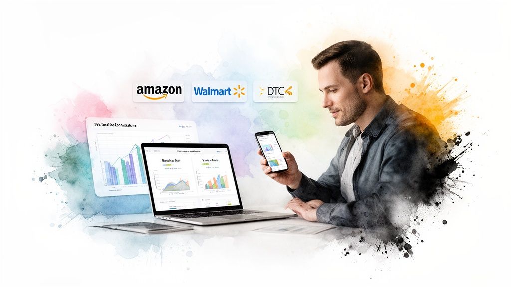 A man analyzing e-commerce sales data across Amazon, Walmart, and DTC channels on a laptop and phone.