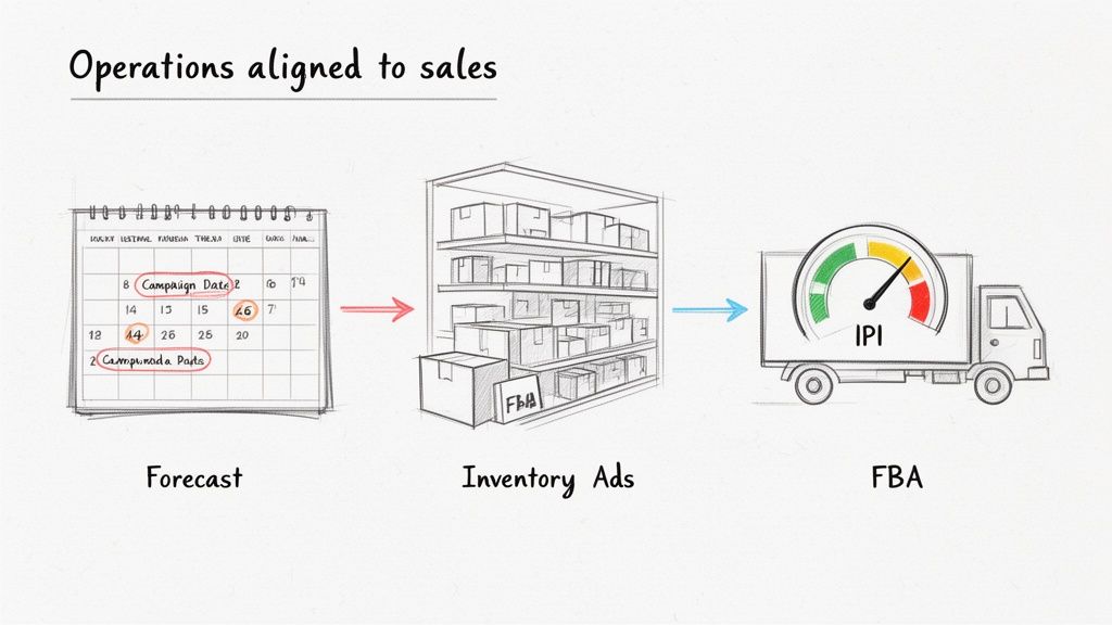Diagram illustrating sales operations flow: forecasting, inventory management, and FBA fulfillment performance.