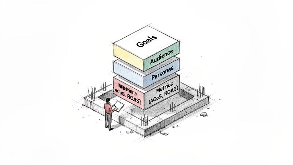 A conceptual diagram showing stacked blocks representing a marketing strategy: Goals, Audience, Personas, and Metrics.