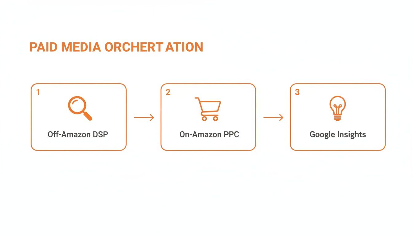 Flowchart detailing paid media orchestration: Off-Amazon DSP, On-Amazon PPC, and Google Insights.