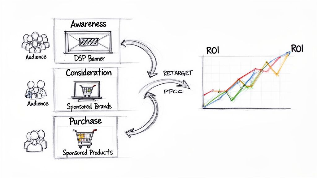 Amazon sales funnel diagram showing awareness, consideration, purchase stages with ad types, retargeting, and ROI growth.