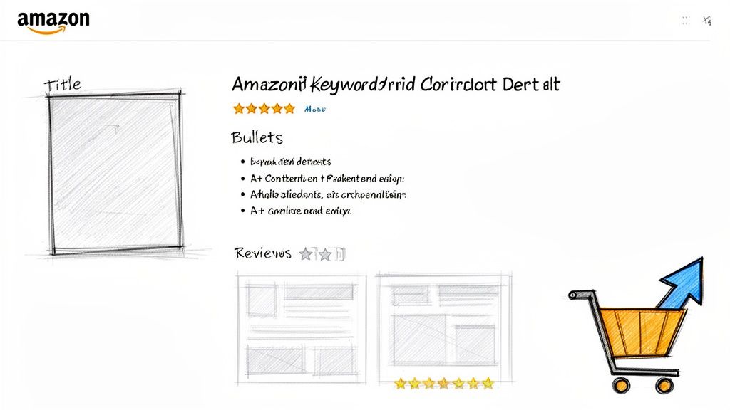 Illustrated Amazon product page elements, including title, bullets, reviews, and a shopping cart with an upward arrow for sales.