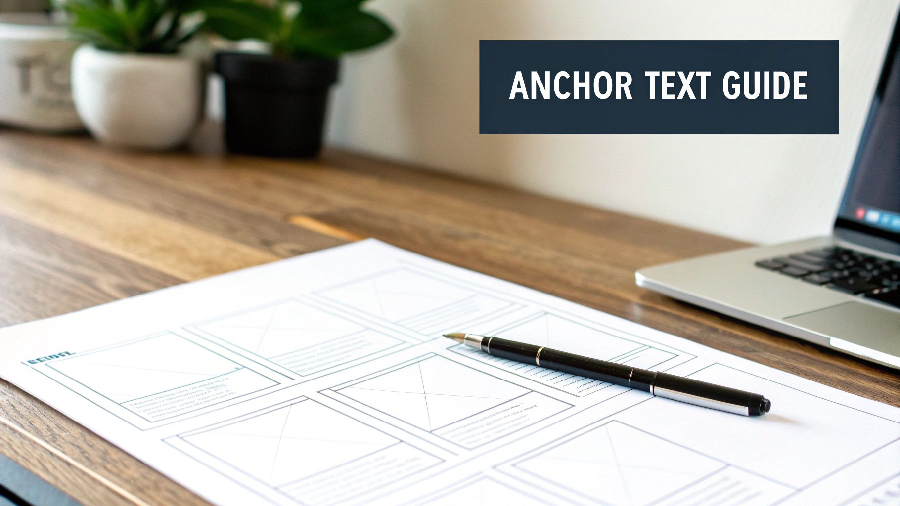 A clean workspace featuring a laptop, wireframe design sketches, a pen, and an 'ANCHOR TEXT GUIDE' banner.