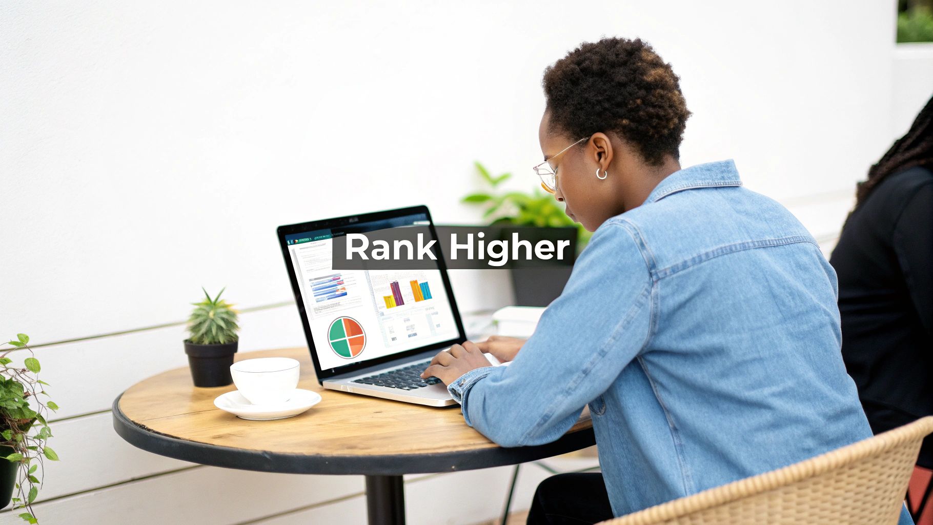 A person works on a laptop displaying data analytics charts outdoors, strategizing for better ranking.