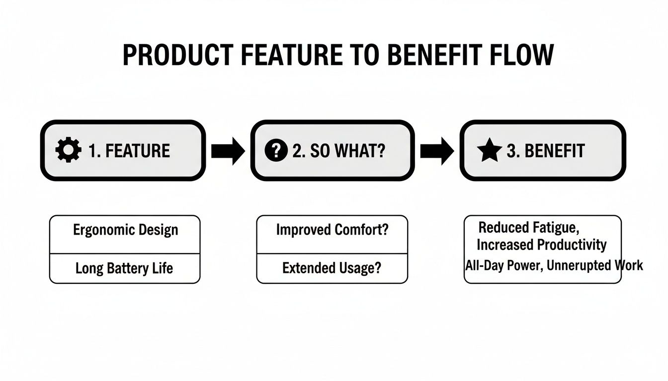 Diagram illustrating the flow from product features to customer benefits with specific examples.