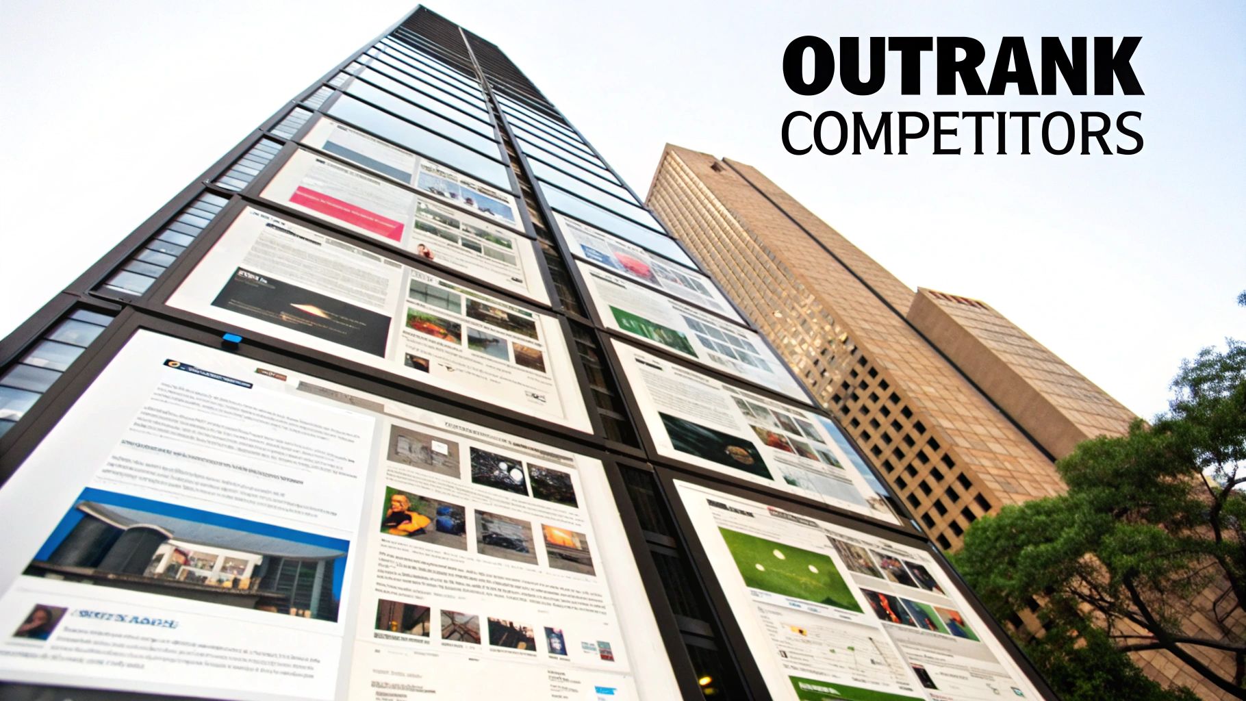 A skyscraper adorned with numerous screens displaying web pages and search results, promoting 'Outrank Competitors'.