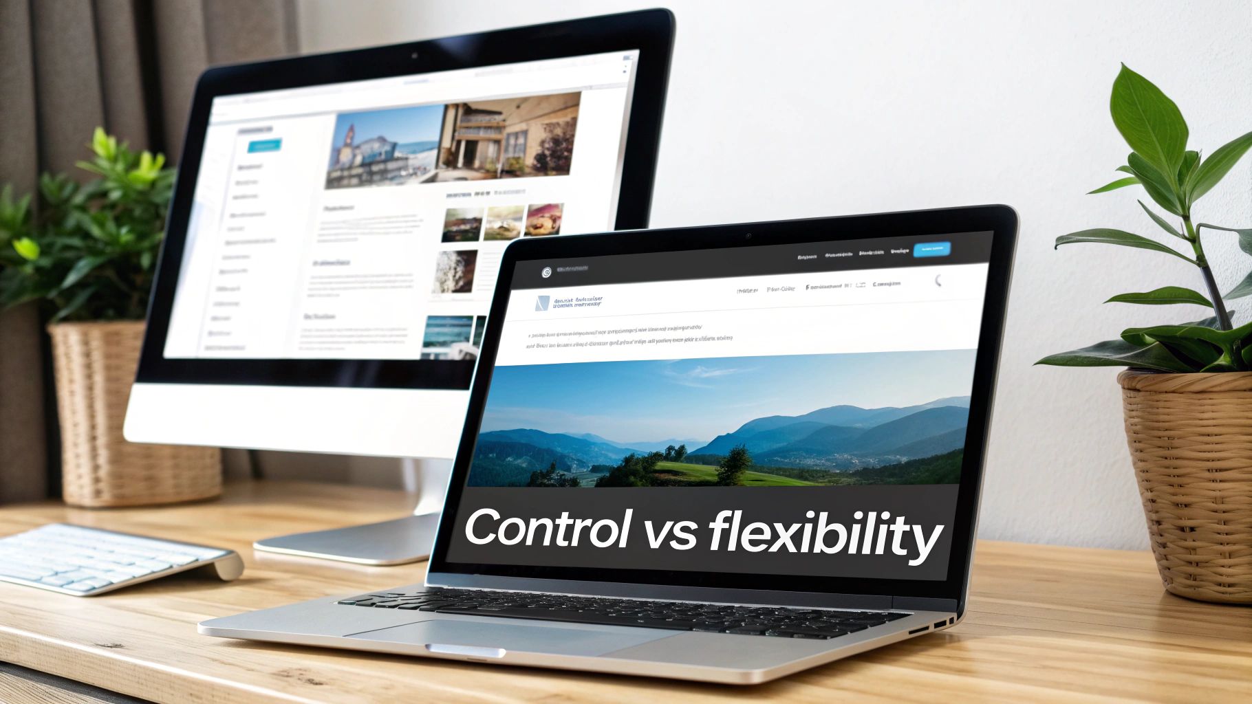 Modern workspace with a laptop and desktop displaying web pages on a wooden table.