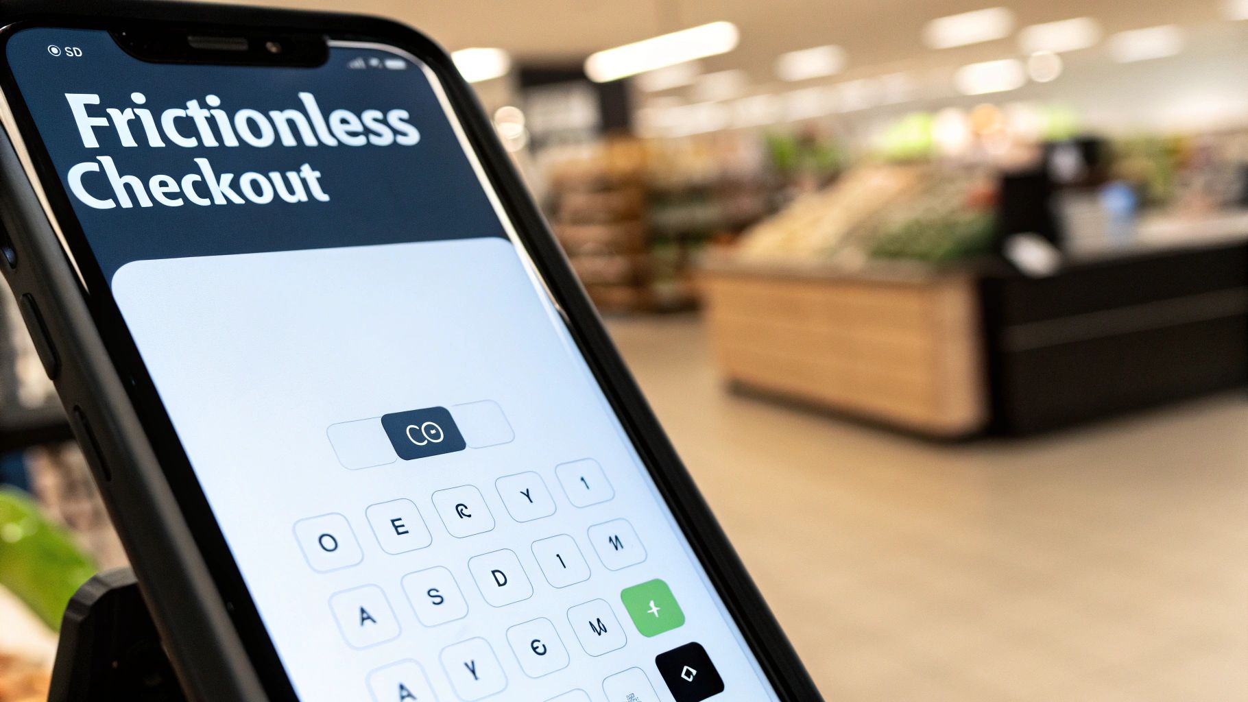 A smartphone displays 'Frictionless Checkout' with a virtual keyboard in a modern grocery store setting.