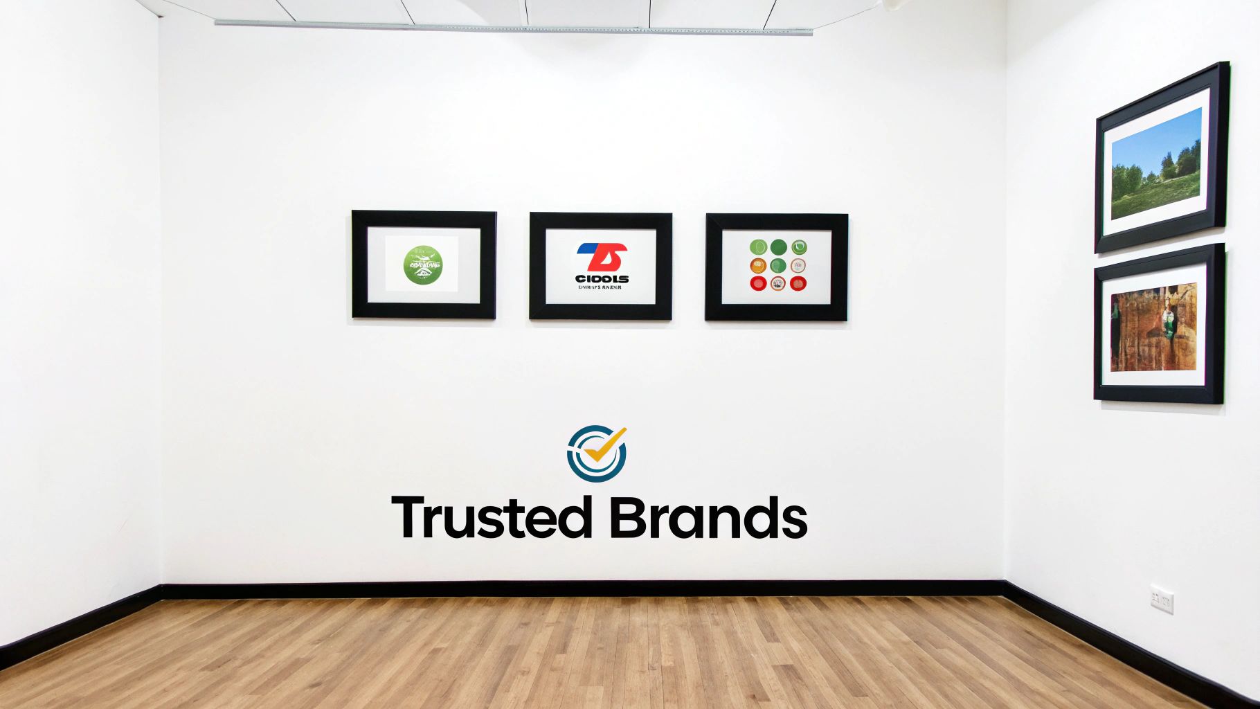 A clean white room with framed brand logos and landscape photos, featuring a 'Trusted Brands' emblem.