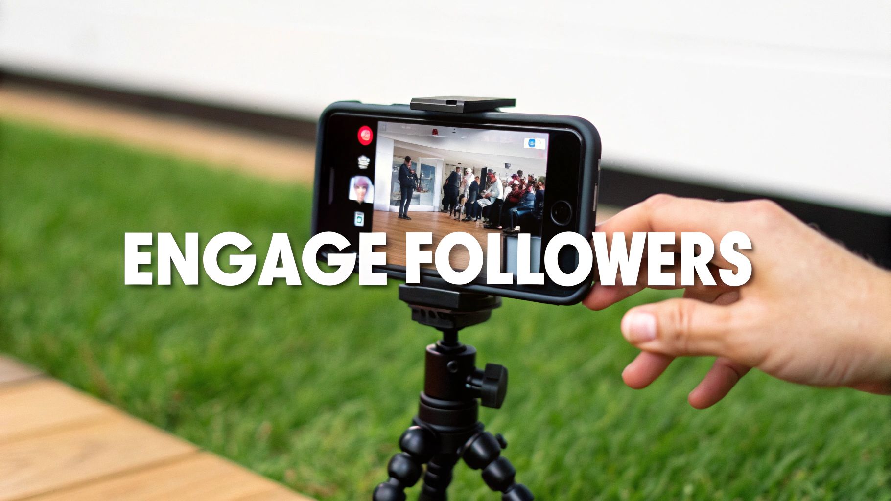 Smartphone on a tripod recording a meeting, with 'ENGAGE FOLLOWERS' text overlay, symbolizing digital marketing.