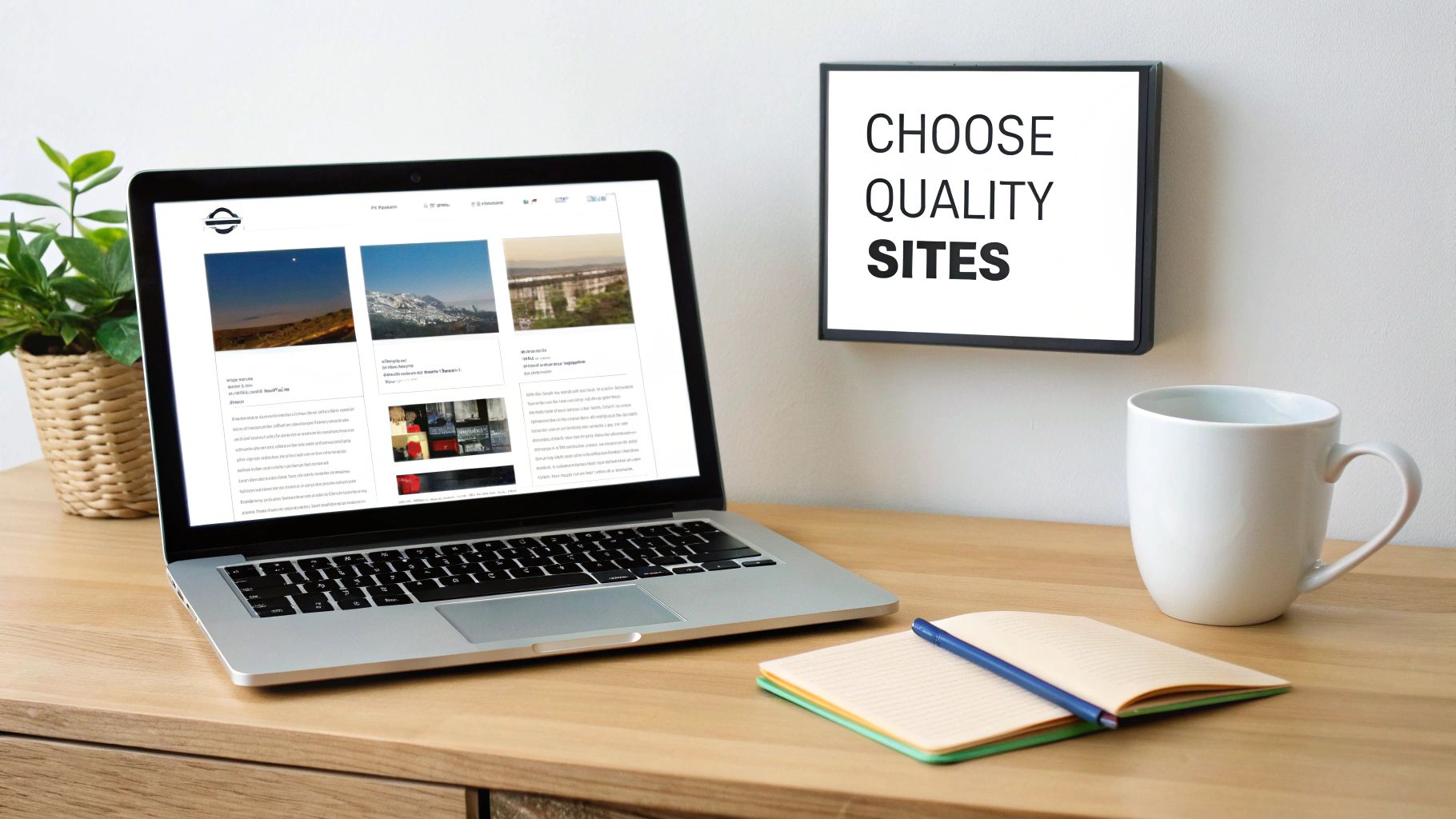Modern workspace with laptop displaying website content and motivational sign saying choose quality sites