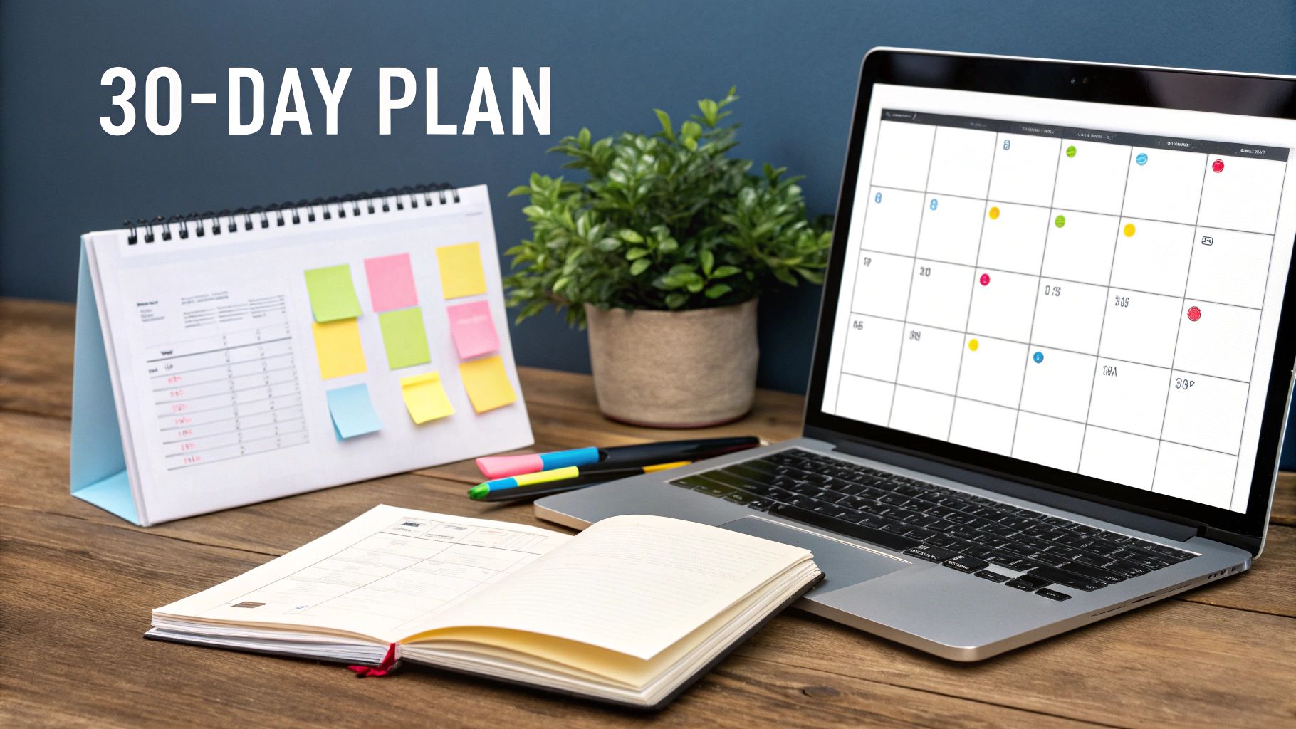 A desk with a '30-DAY PLAN' calendar, laptop showing a digital calendar, and an open planner.