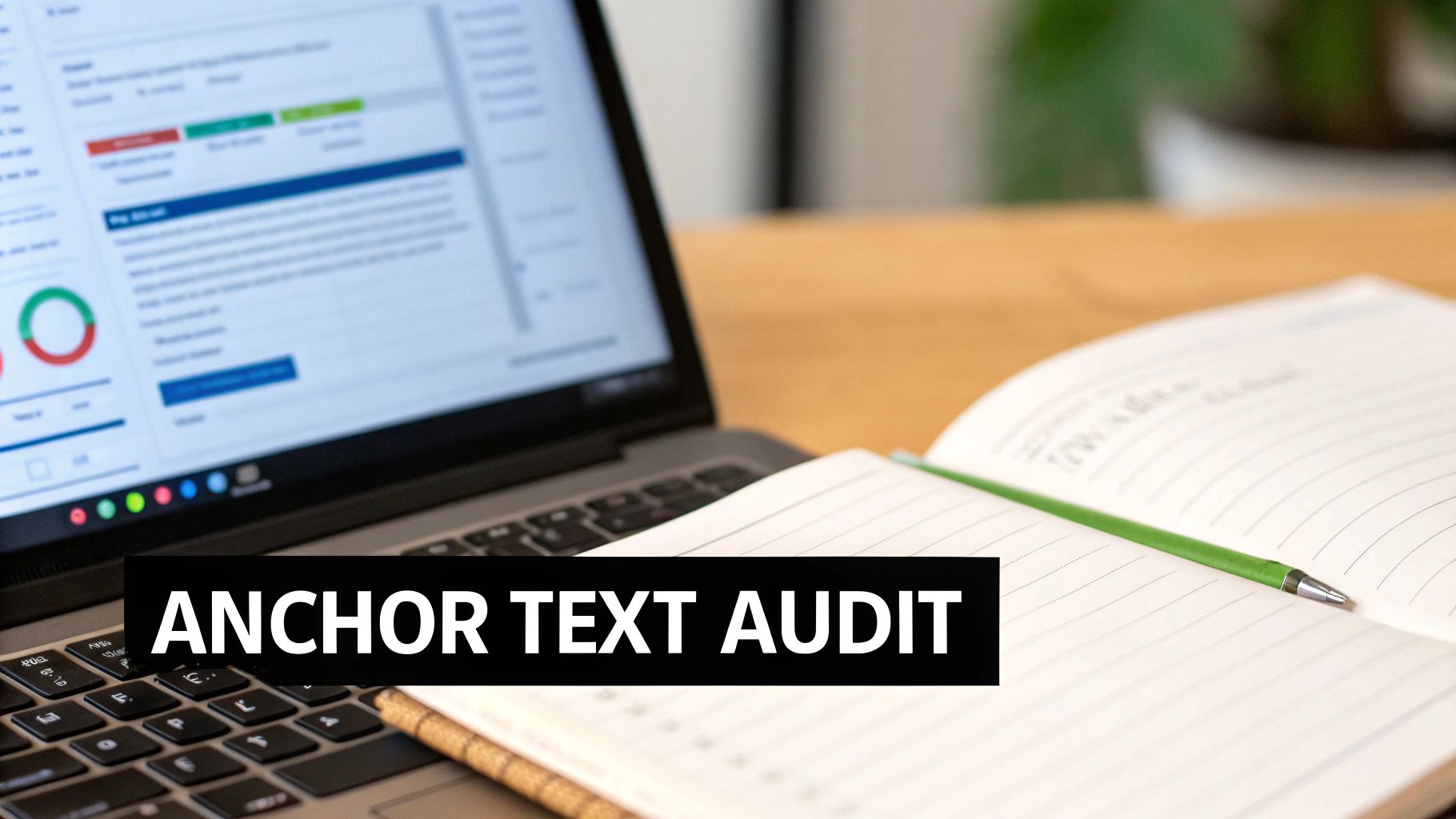 A laptop displaying data charts next to an open notebook and green pen with 'ANCHOR TEXT AUDIT' text overlay.