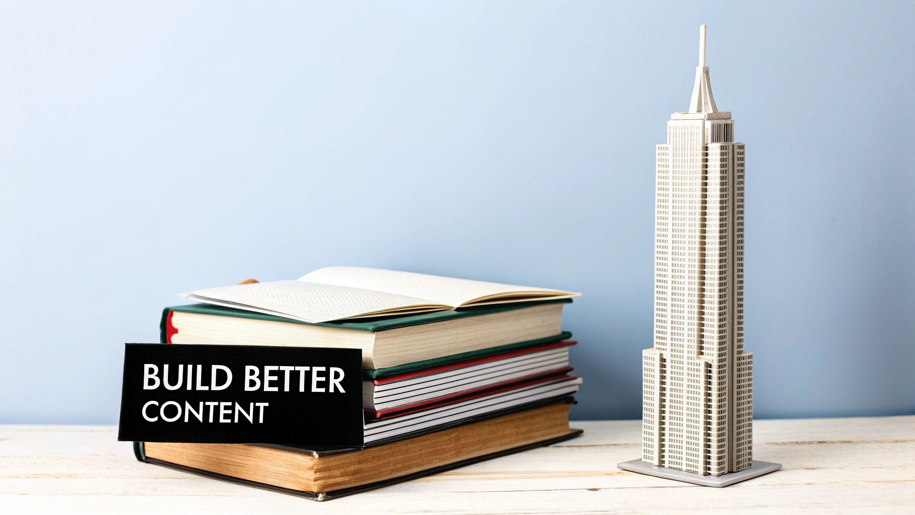 A stack of books with an open one, a 'BUILD BETTER CONTENT' sign, and a skyscraper model.