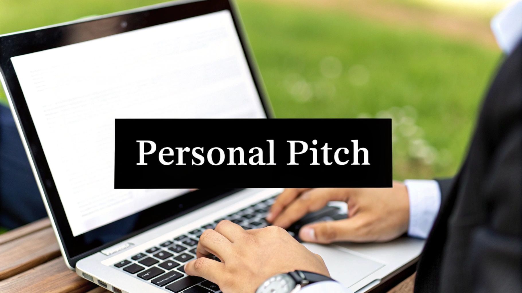 A person typing on a laptop outdoors with a black overlay displaying 'Personal Pitch'.