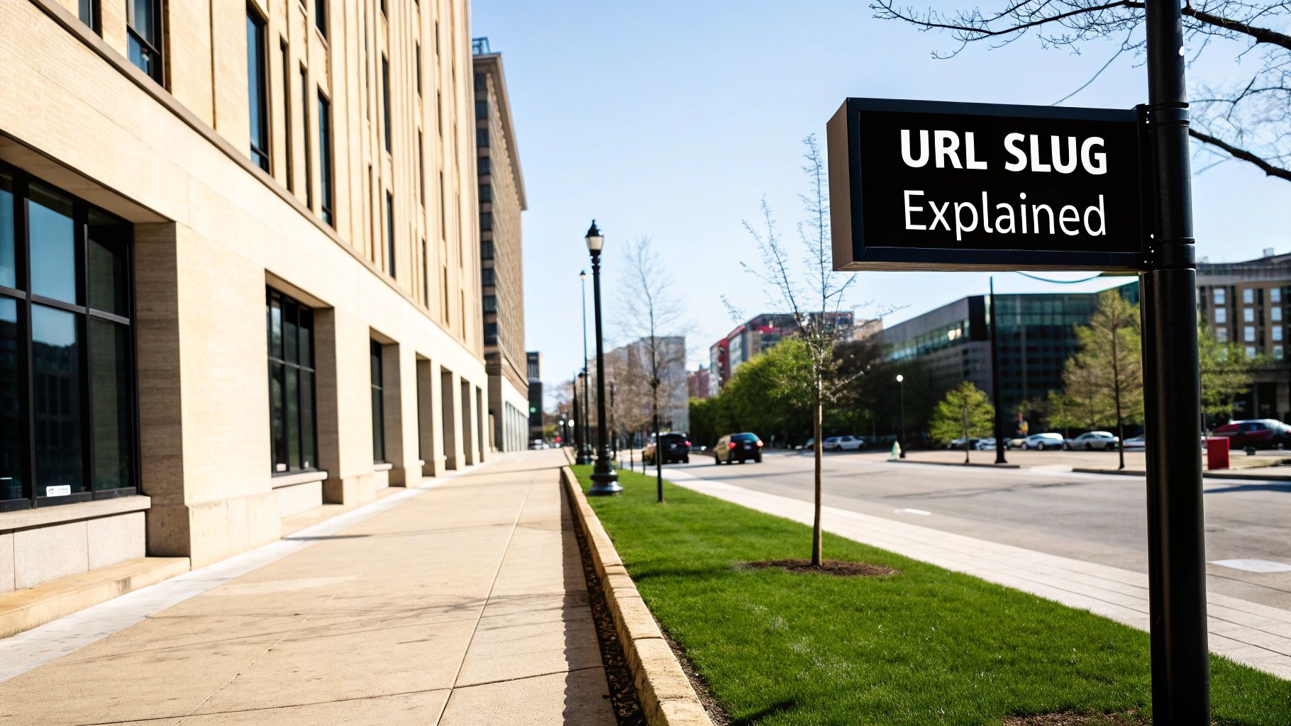 A black street sign displays 'URL SLUG Explained' against a city street background with buildings and trees.