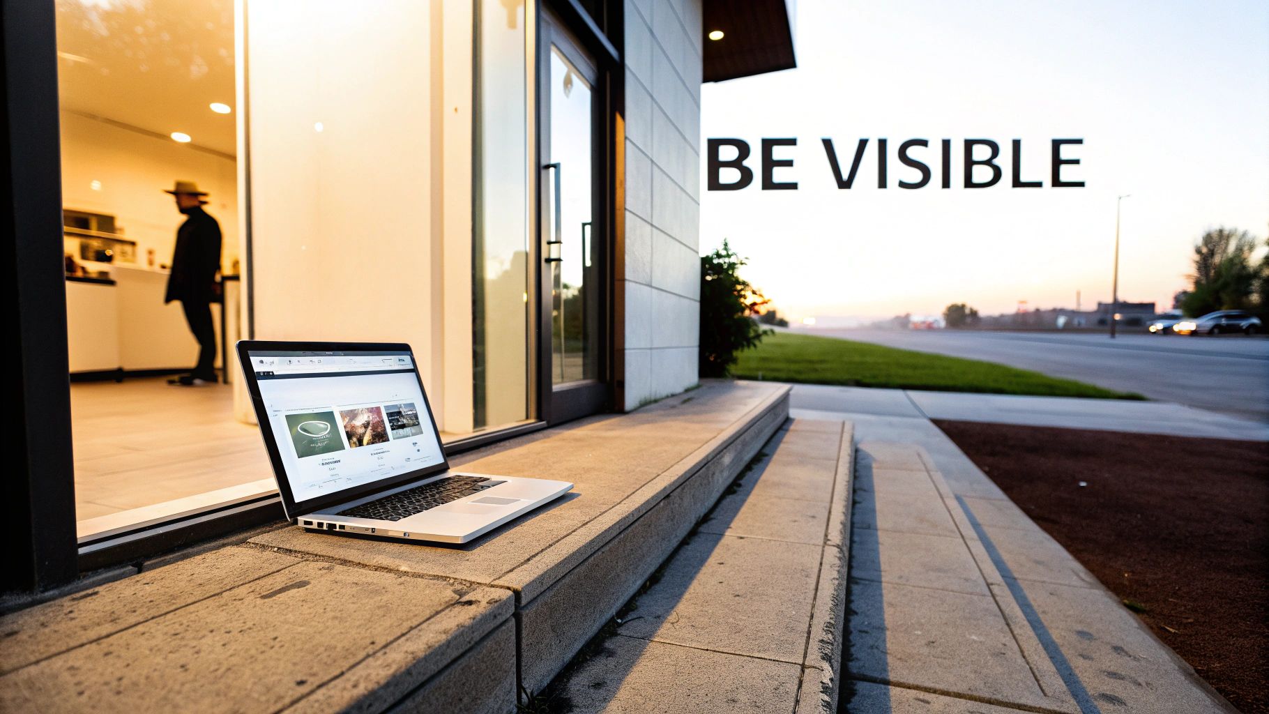 A laptop displaying website content rests on an outdoor concrete step with 'BE VISIBLE' text.