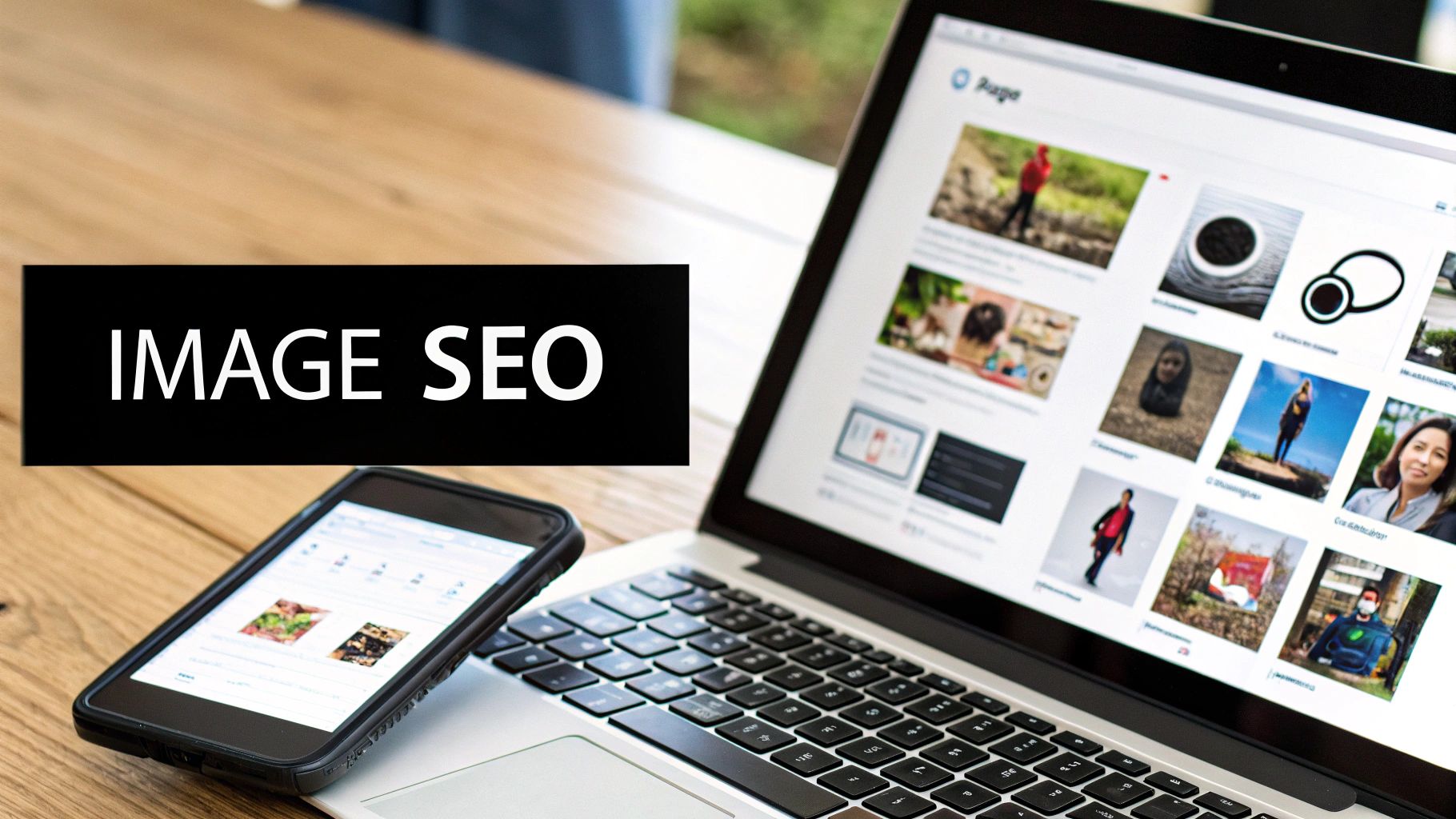 A black banner with 'IMAGE SEO' text prominently displayed on a wooden desk with a laptop and smartphone.