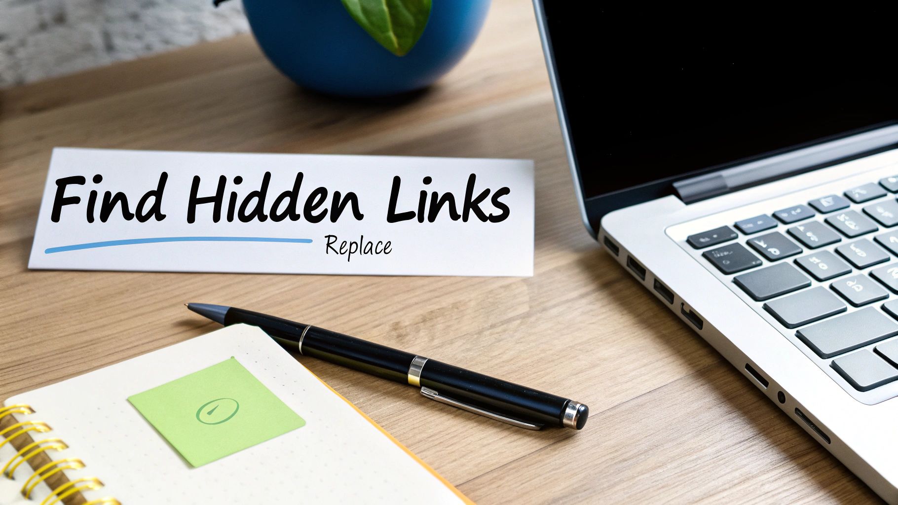 A white card on a wooden desk displays 'Find Hidden Links Replace' next to a laptop and pen.