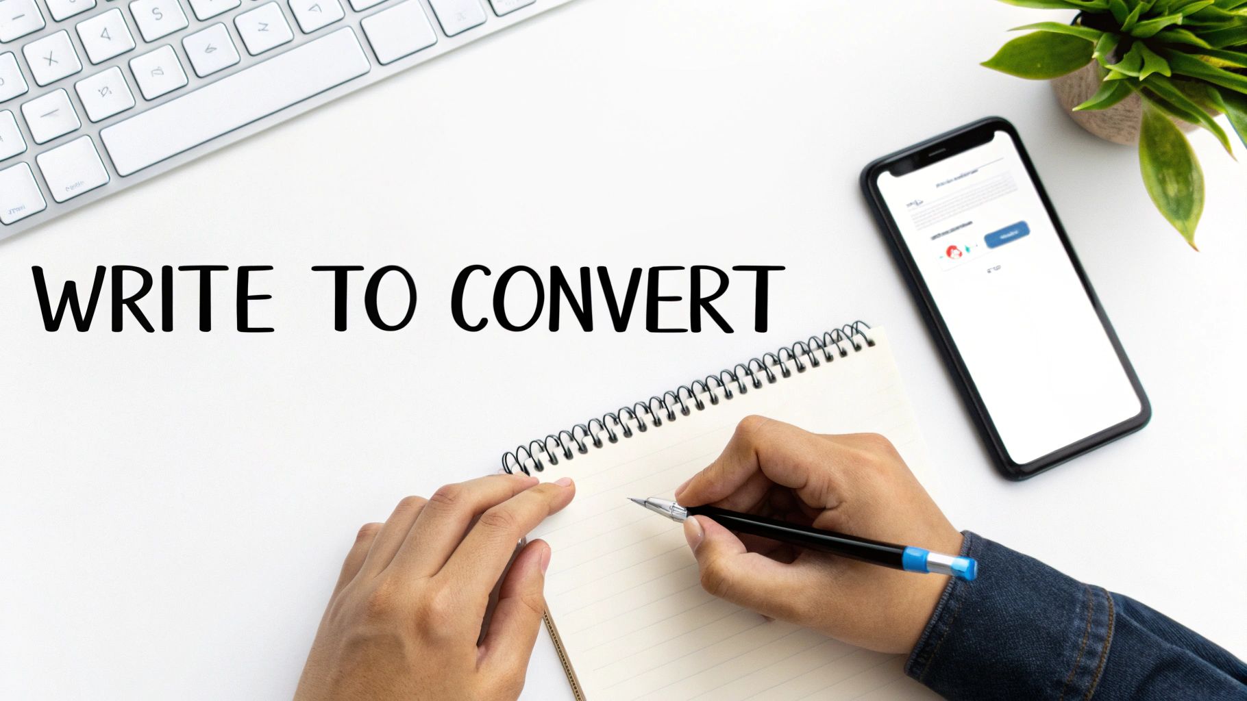 A person writes in a notebook with 'WRITE TO CONVERT' text, a phone, and a keyboard on a white desk.