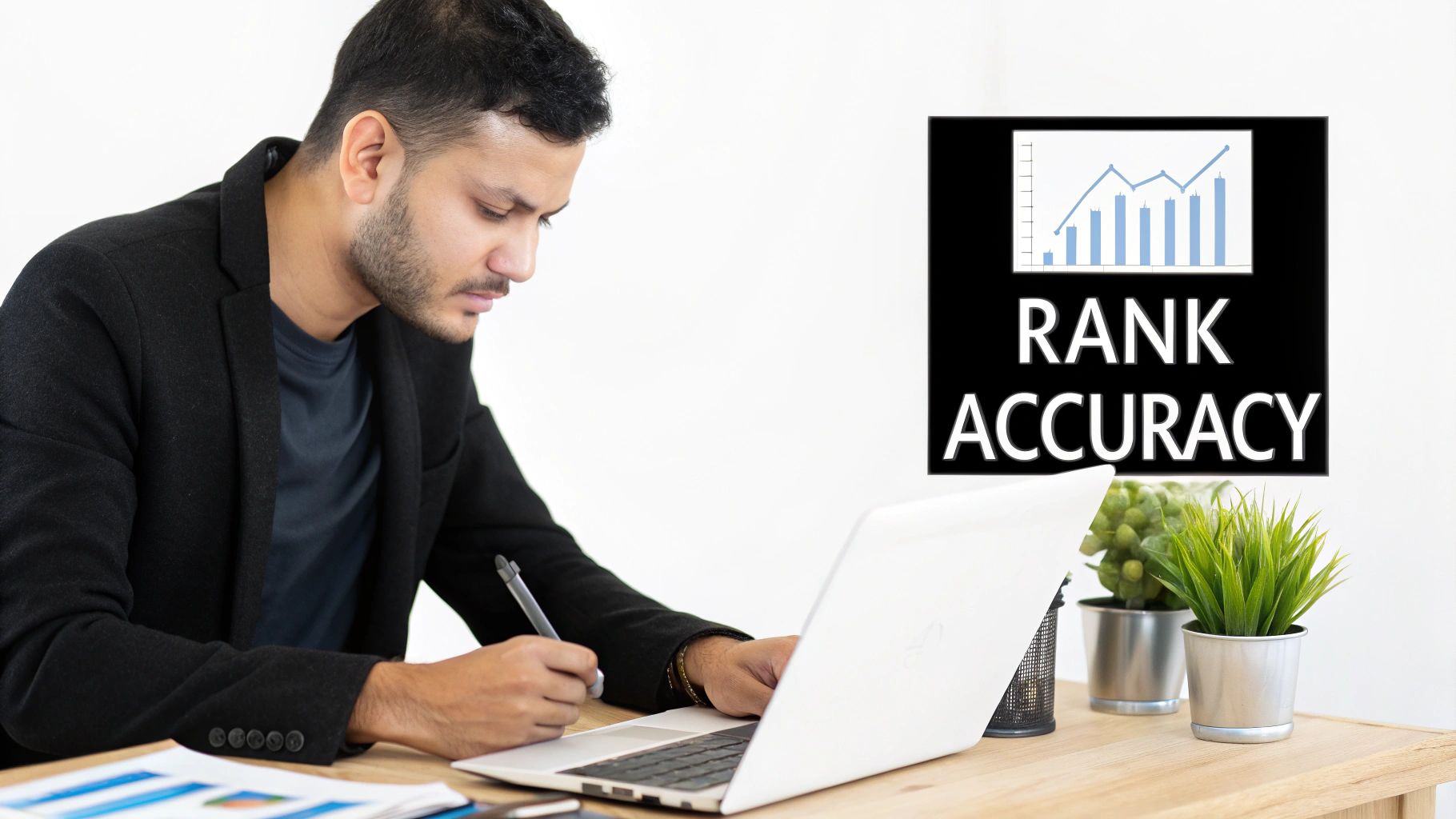 A man working on a laptop at a desk, with a 'RANK ACCURACY' sign and graph.
